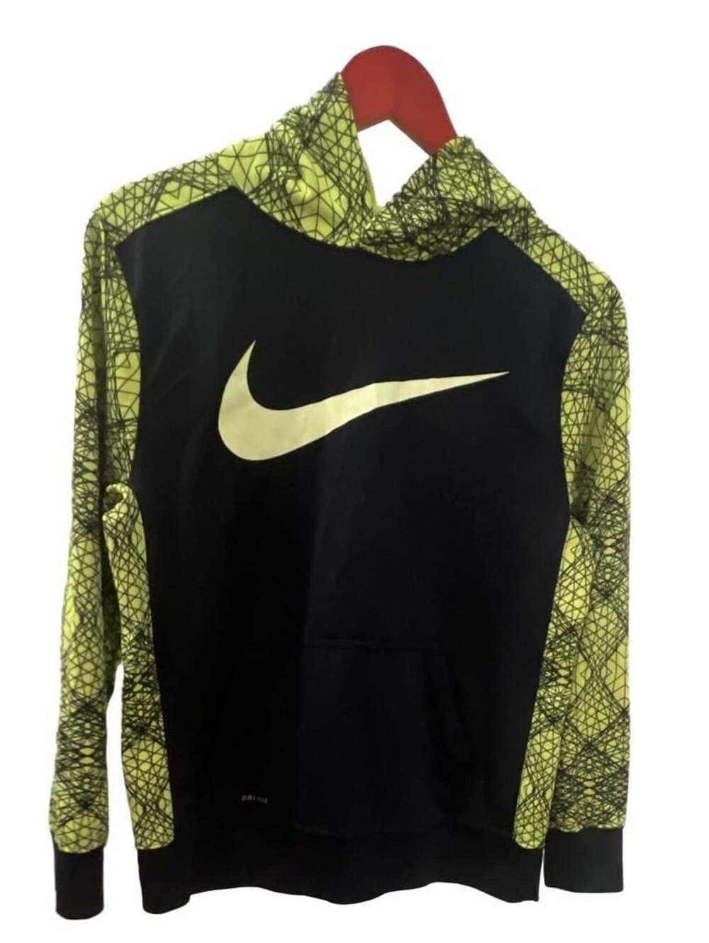 Nike Dri-Fit Child’s Hoodie Size XL Black Volt Yellow Geometric Graphic Pullover